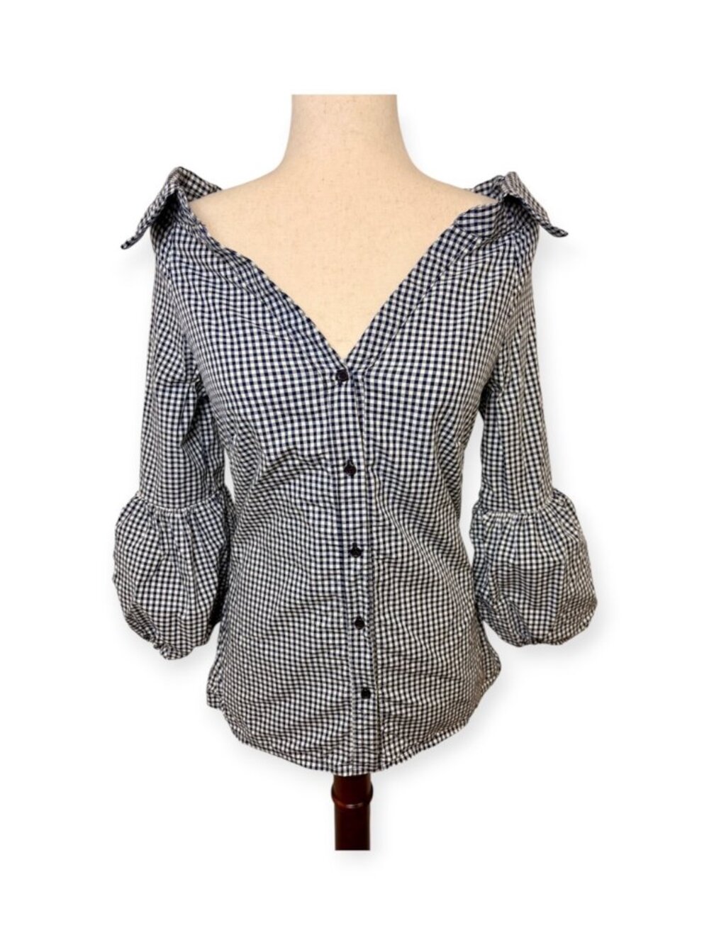 Bailey 44 Bleeding Heart Navy White Gingham Off Shoulder Blouse Size Small